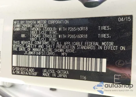 2015 Lexus 460 from USA, damaged, VIN JTJBM7FX4F5113890
